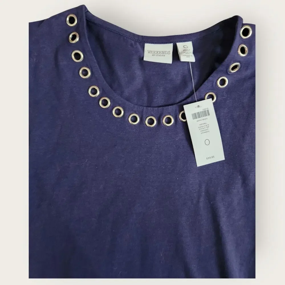 Weekends by Chico's Women's Sz Chico 0 3/4 sleeve Navy Blue dress shirt - Picture 3 of 6